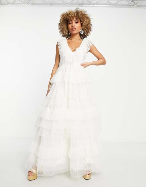 Lace & Beads - Lange galajurk met tule laagjes in ivoor, 3 van 4
