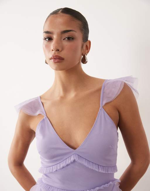 Lace & Beads – Lila maxiklänning i tyll med utsvängda ärmar och volang, 4 av 4