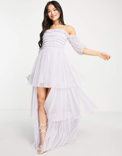 Lace & Beads – Liliowa luźna sukienka maxi z długim rękawem
