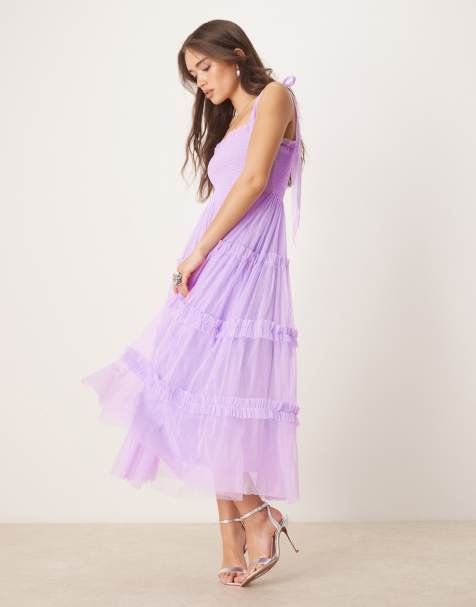 Lace & Beads bow shoulder ruffle midi dress in lilac