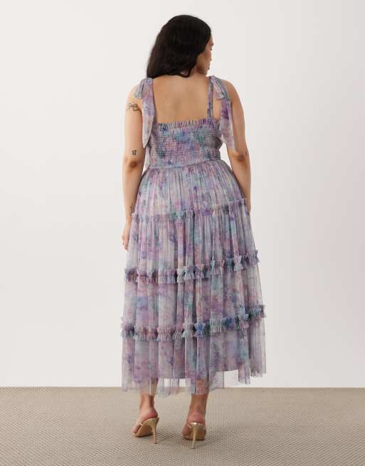 Lace & Beads - Lilla midikjole med rynker, sløjfeskuldre, flæser og abstrakt print, 4 af 4