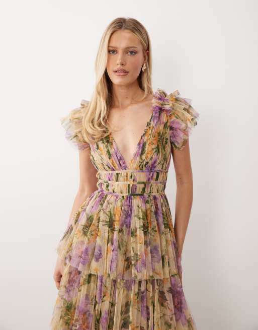 Lace & Beads - Lilla niveauinddelt maxikjole i tyl med flæseskuldre og botanisk print, 2 af 4
