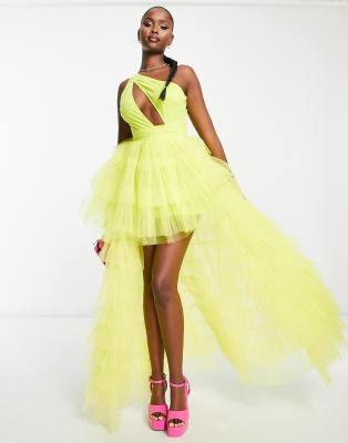 Lace & Beads – Limonkowa sukienka maxi ze zdobionego tiulu z wycięciem – tylko w ASOS 