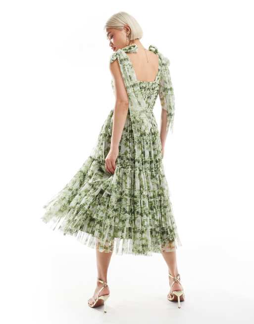 Lace & Beads - L'invitée - Madison - Robe mi-longue avec nœuds sur les épaules - Olive fleuri, 3 de 4