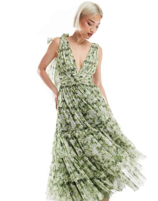 Lace & Beads - L'invitée - Madison - Robe mi-longue avec nœuds sur les épaules - Olive fleuri, 4 de 4