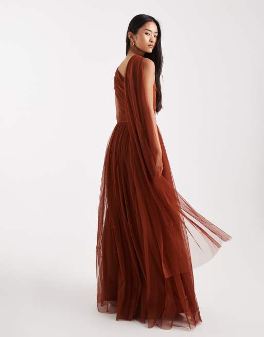 Lace & Beads - L'invitée - Robe longue asymétrique avec foulard à l'encolure - Rouille, 4 de 4