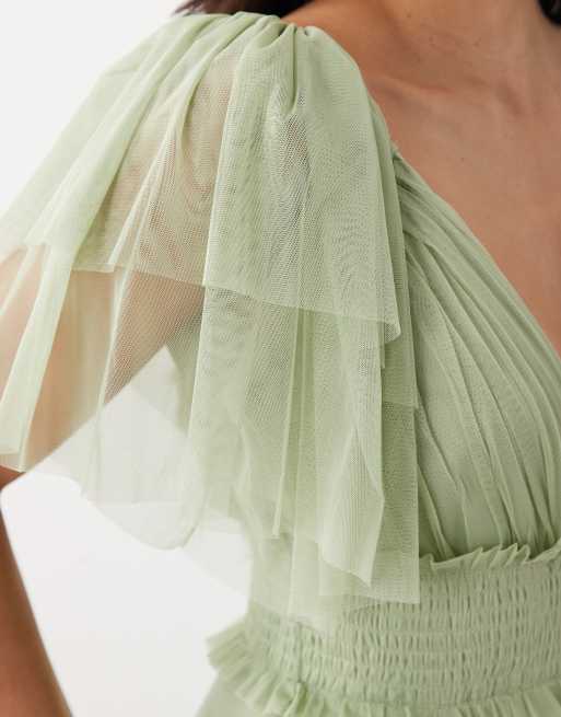 Lace & Beads - L'invitée - Robe longue en tulle à taille froncée et manches évasées - Vert sauge, 3 de 4