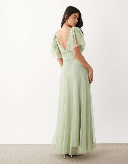 Lace & Beads - L'invitée - Robe longue en tulle à taille froncée et manches évasées - Vert sauge, 4 de 4