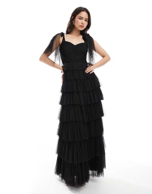 Lace & Beads - L'invitée - Robe longue en tulle avec nœuds aux épaules - Noir