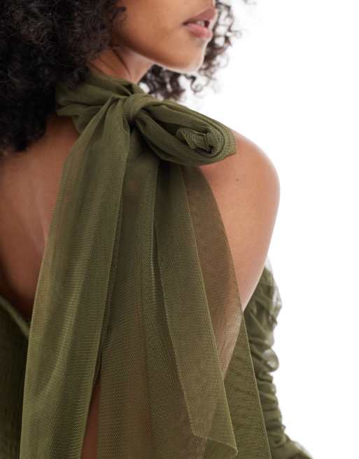Lace & Beads - L'invitée - Robe longue en tulle avec nœuds aux épaules - Vert forêt, 3 de 4