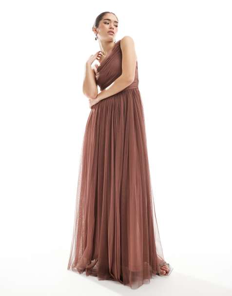 Lace & Beads - L'invitée - Robe longue et asymétrique en tulle - Marron chaud - view 1
