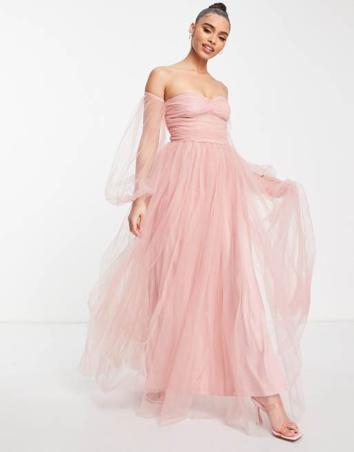Lace & Beads - Logan - Vestito da damigella in tulle rosa con spalle scoperte