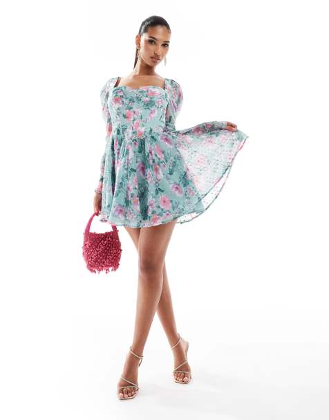 Lace & Beads long sleeve corset mini dress in green floral - view 1
