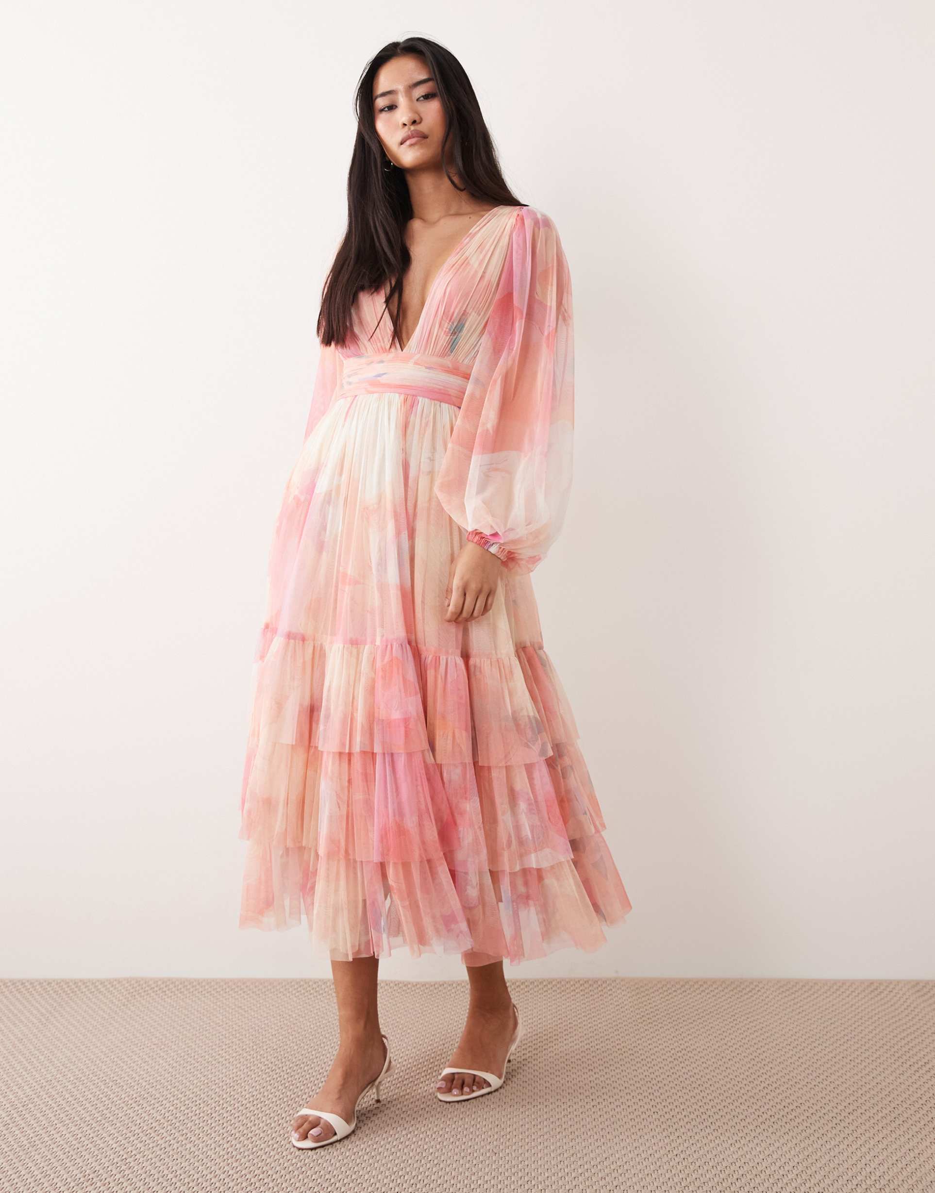 lace & beads long sleeve maxi dress in pink floral print