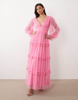 Lace & Beads Long Sleeve Maxi Dress In Pink