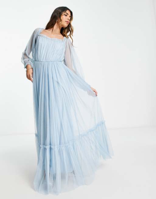 Lace Beads long sleeve maxi dress in powder blue