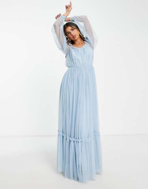 afbryde Barnlig Ære Lace & Beads long sleeve maxi dress in powder blue | ASOS