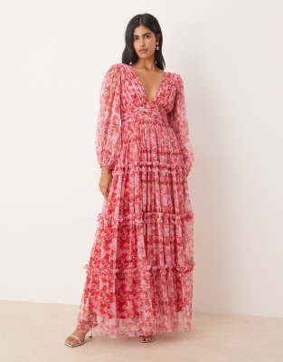 Lace & Beads long sleeve maxi dress in red and pink floral