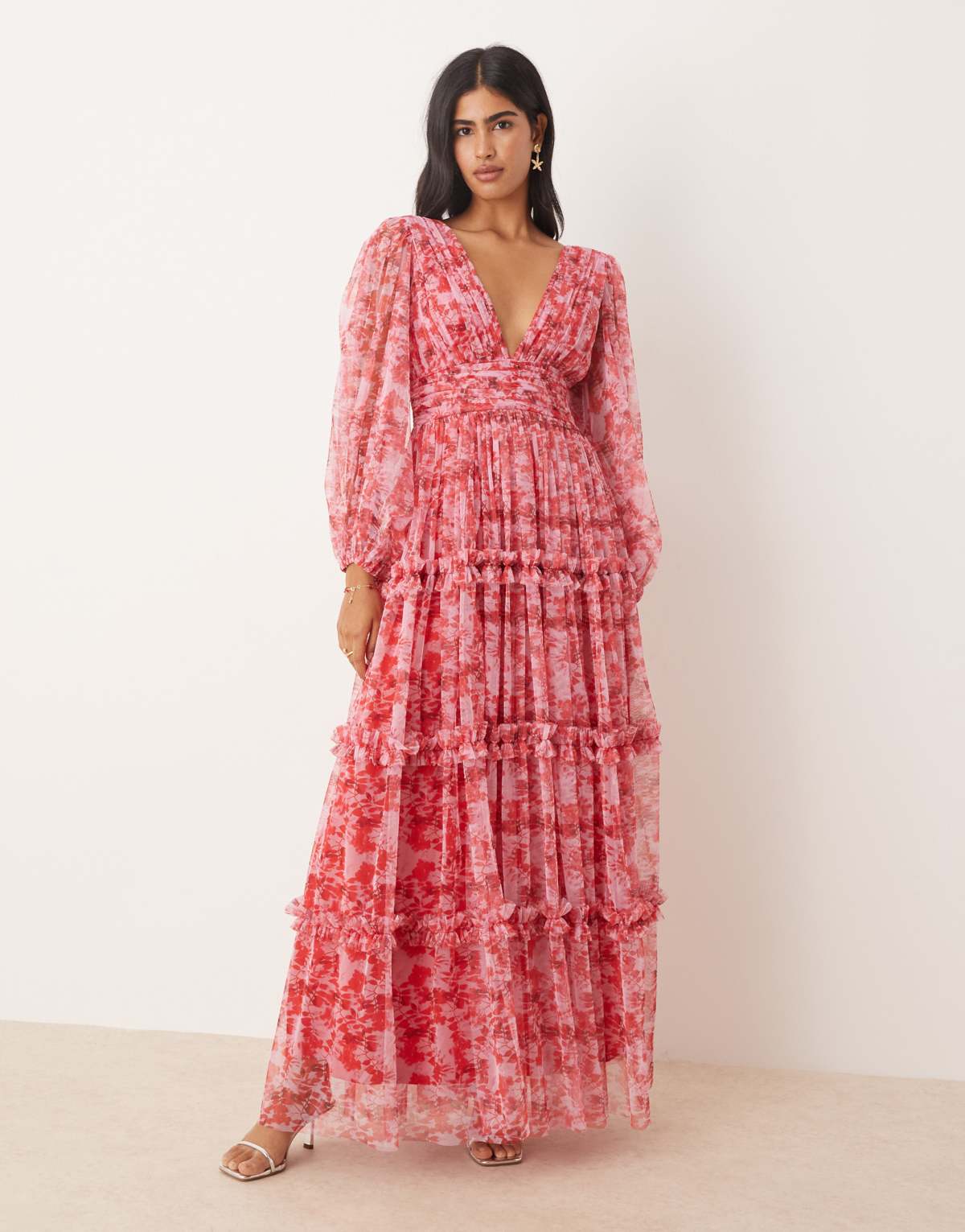 Lace & Beads long sleeve maxi dress in red and pink floral