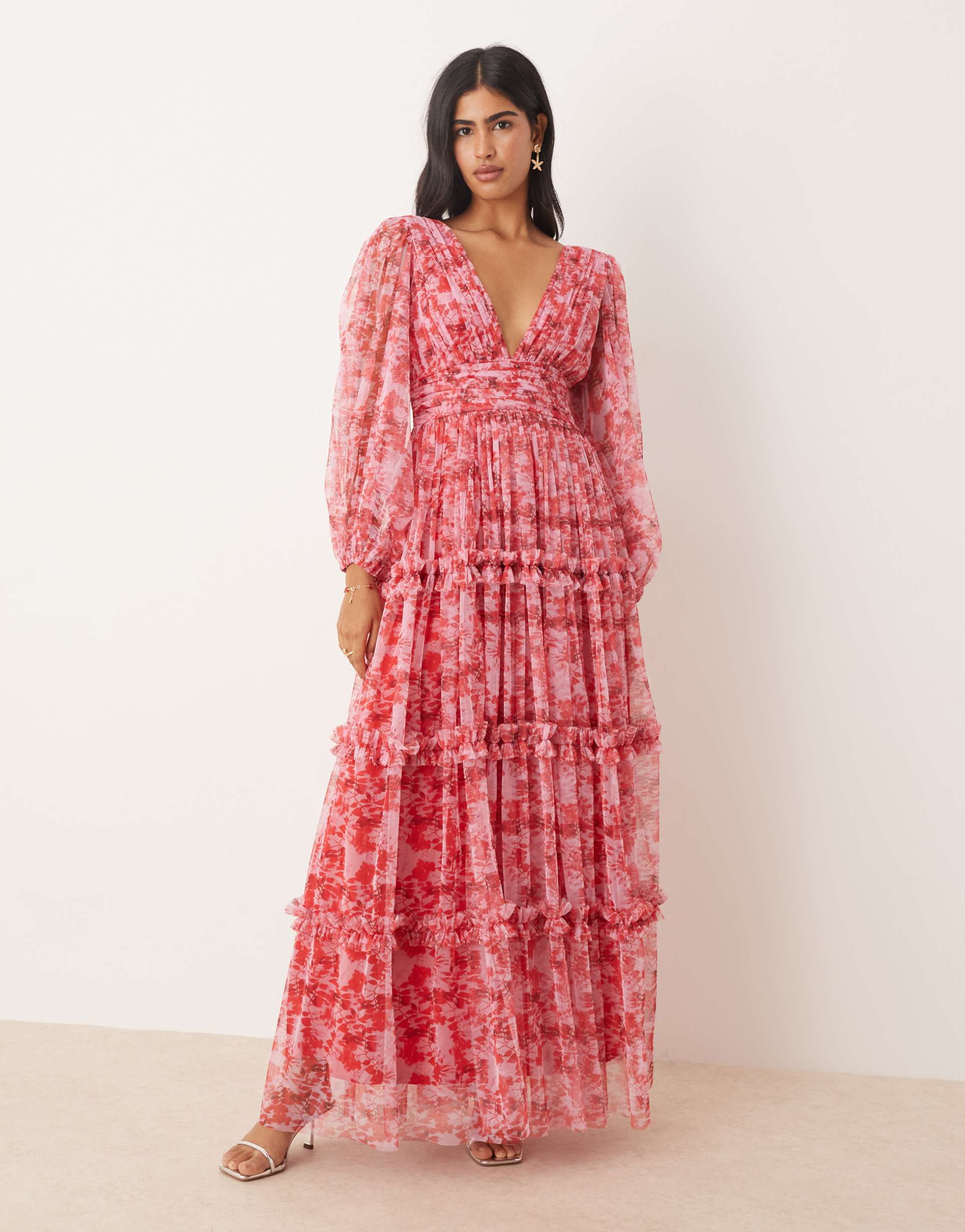 lace & beads long sleeve maxi dress in red and pink floral