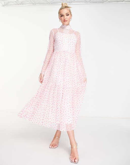Lace & Beads long sleeve midi dress with lace inserts in pink heart | ASOS