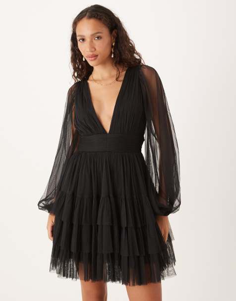 Lace & Beads long sleeve plunge tiered tulle mini dress in black - view 1