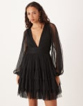 [Lace & Beads] Lace & Beads long sleeve plunge tiered tulle mini dress in black 12 Black