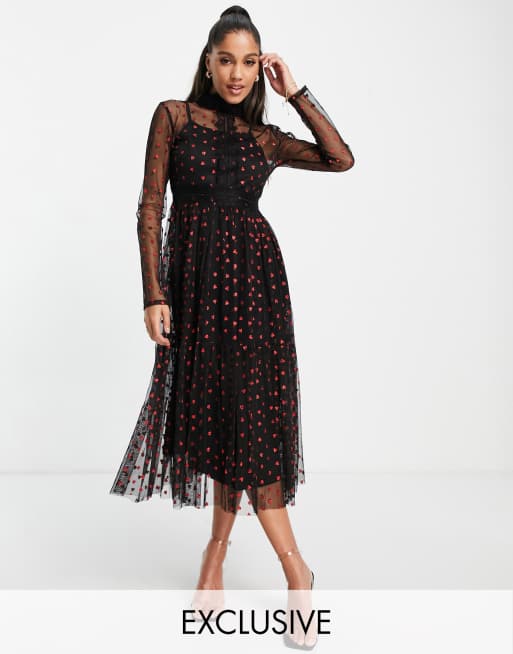 Lace & Beads long sleeve polka dot midi dress with lace inserts in