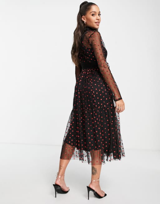 Lace & Beads long sleeve polka dot midi dress with lace inserts in black  heart