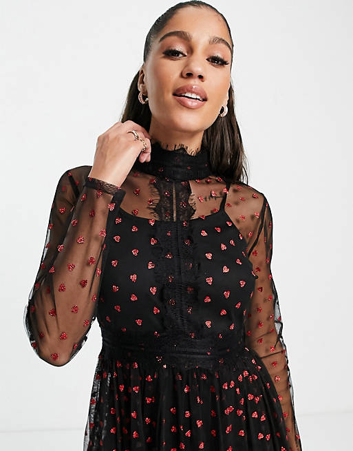 Women Lace & Beads long sleeve polka dot midi dress with lace inserts in black heart 