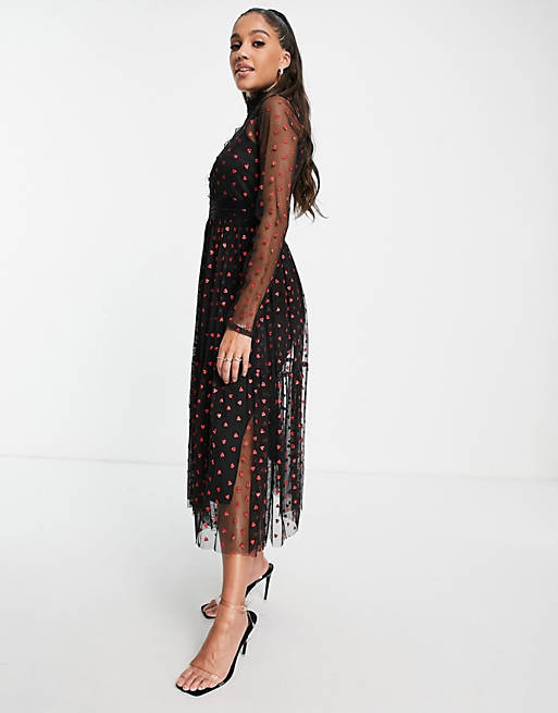 Women Lace & Beads long sleeve polka dot midi dress with lace inserts in black heart 