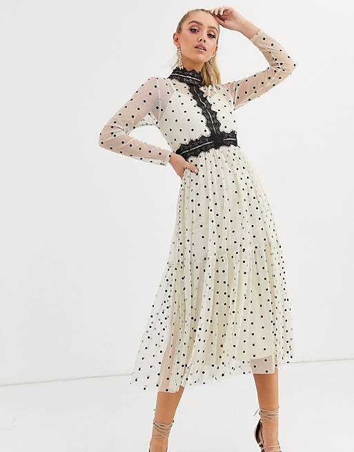 Lace & Beads long sleeve polka dot midi dress with lace inserts in cream  and black