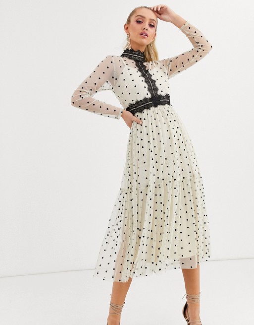 Lace & Beads long sleeve polka dot midi dress with lace inserts in cream and black