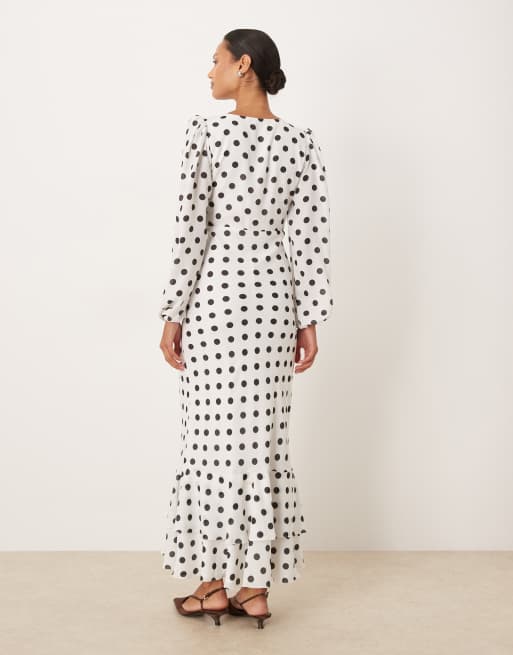 Lace & Beads long sleeve ruffle hem maxi dress in white polka dot, 2 of 4