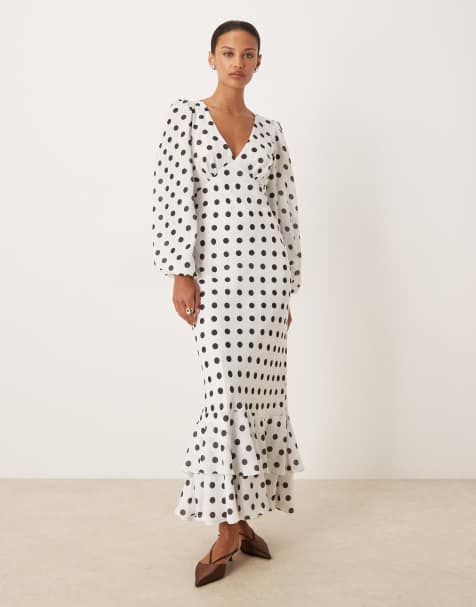 Lace & Beads long sleeve ruffle hem maxi dress in white polka dots - view 1
