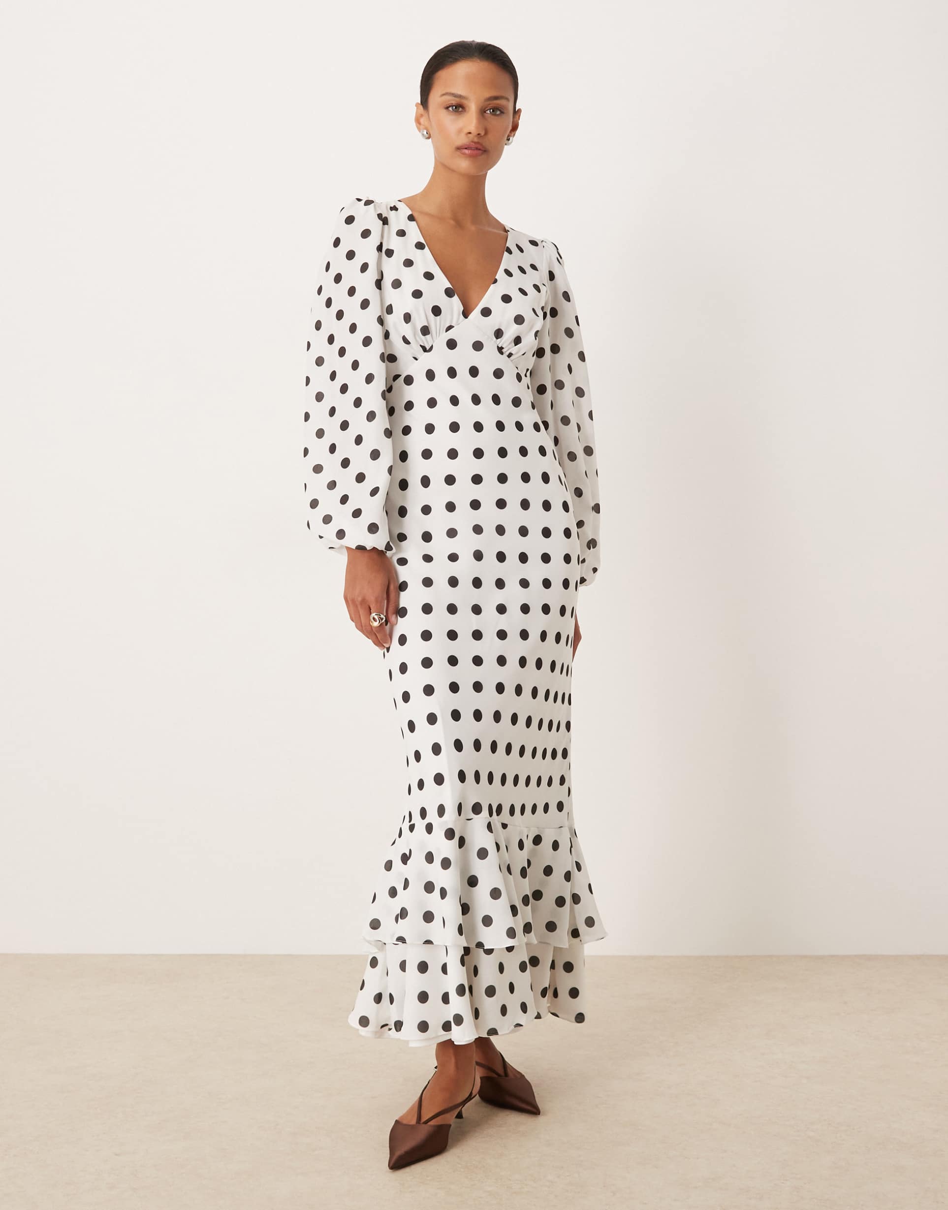 lace & beads long sleeve ruffle hem maxi dress in white polka dots
