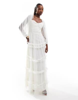 Lace & Beads Long Sleeve Ruffle Maxi Dress In Ivory-white
