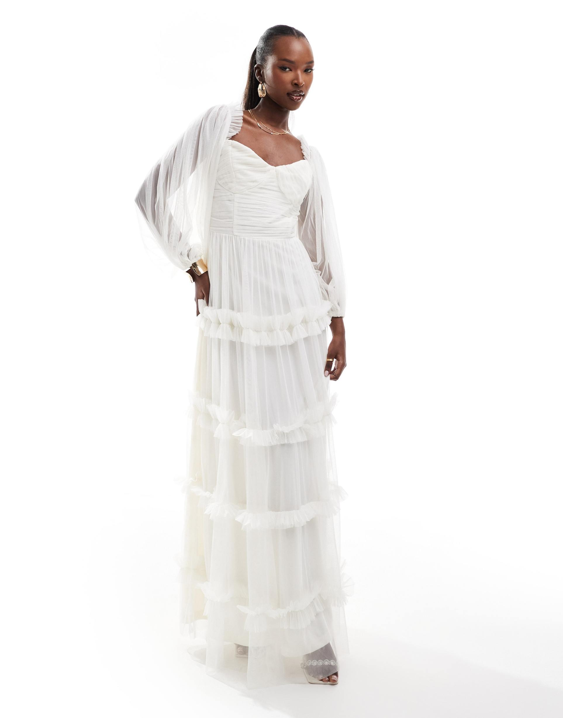 lace & beads long sleeve ruffle maxi dress in ivory