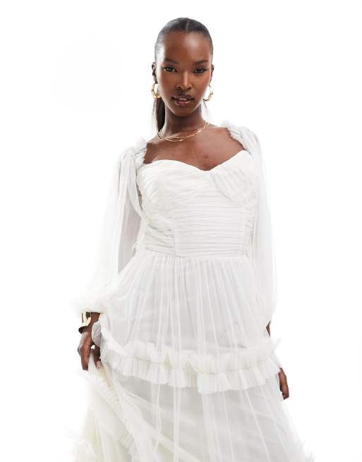 Lace & Beads long sleeve ruffle maxi dress in ivory