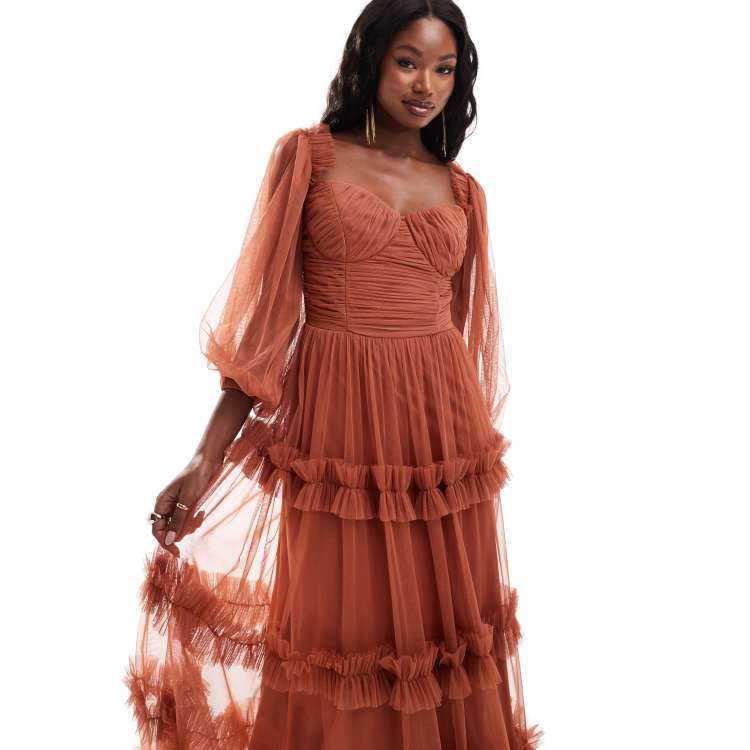 Lace & Beads long sleeve ruffle maxi dress in terracotta rose | ASOS