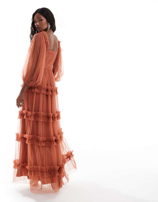 Lace Beads long sleeve ruffle maxi dress in terracotta rose ASOS