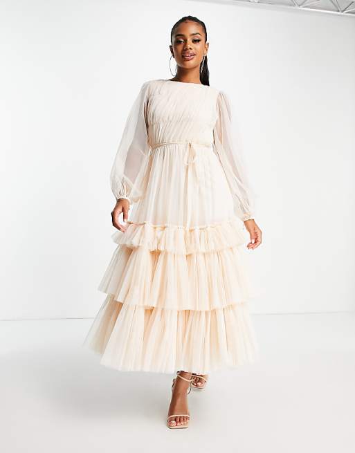 Beaded Long Sleeves Tiered Beige Dress Beaded Long Sleeves Tiered Beige Dress