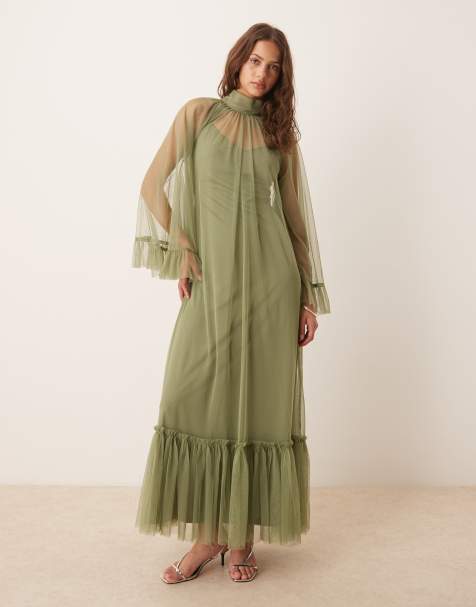 Lace & Beads - Lys olivengrøn boho-maxikjole med lange ærmer - view 1