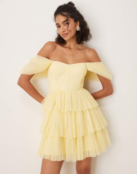 Lace & Beads - Lysegul korset-minikjole med offshoulder-snit i tyl - view 1