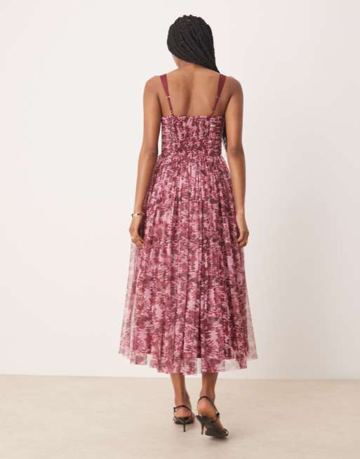 Lace & Beads - Lyserød korset-midikjole med rødt blomstermønster, 3 af 4