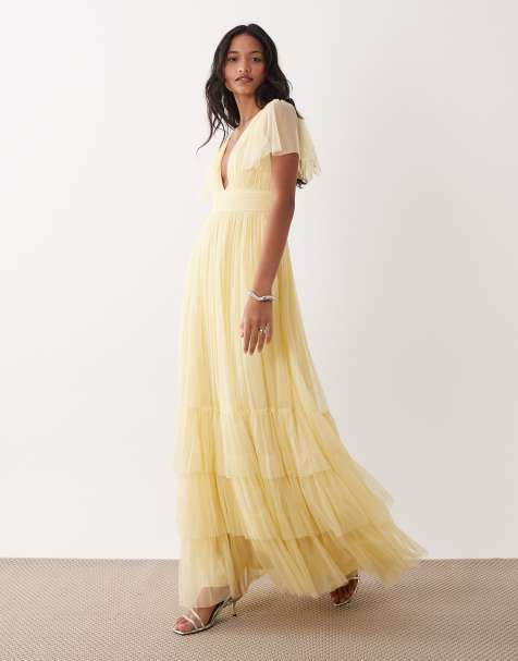 Lace & Beads Madison flutter sleeve maxi dress in lemon - view 1