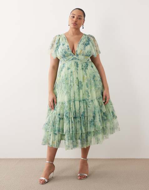 Lace & Beads Plus Madison tulle flutter sleeve plunge neck midi dress in sage green floral