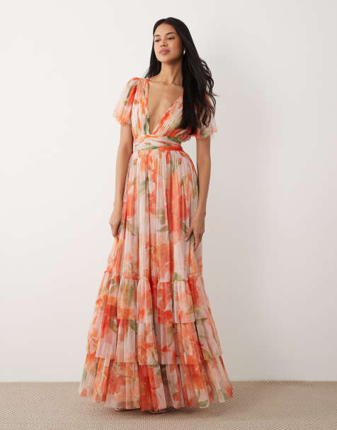 Lace & Beads - Madison - Orange maxikjole med dyb V-hals, flagrende ærmer og blomstermønster i tyl - view 1