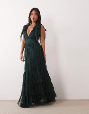 Lace & Beads Petite Lace & Beads Madison Petite Tulle Bow Shoulder Plunge Neck Maxi Dress In Green