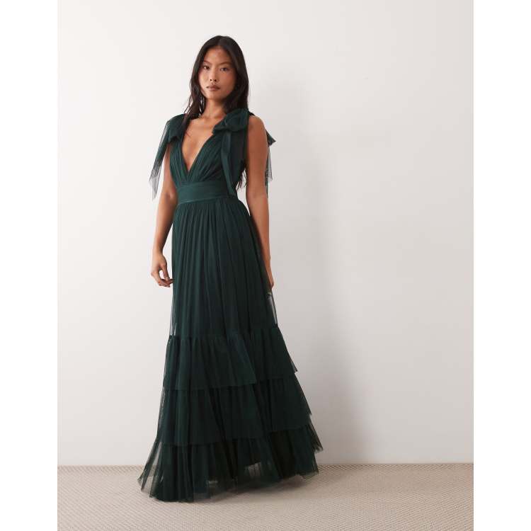 Lace & Beads Madison Petite tulle bow shoulder plunge neck maxi